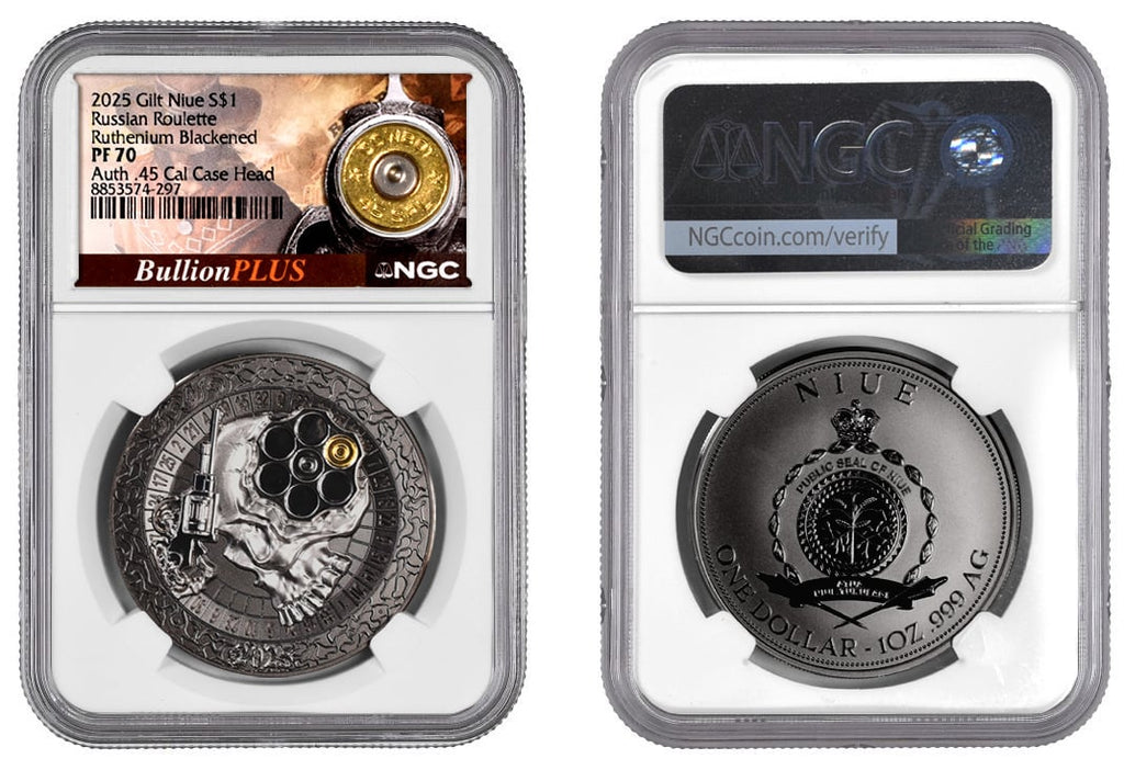 2025 Niue Russian Roulette 1 oz Silver Coin NGC PF 70 Bullet Label