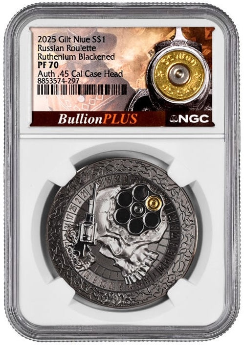 2025 Niue Russian Roulette 1 oz Silver Coin NGC PF 70 Bullet Label