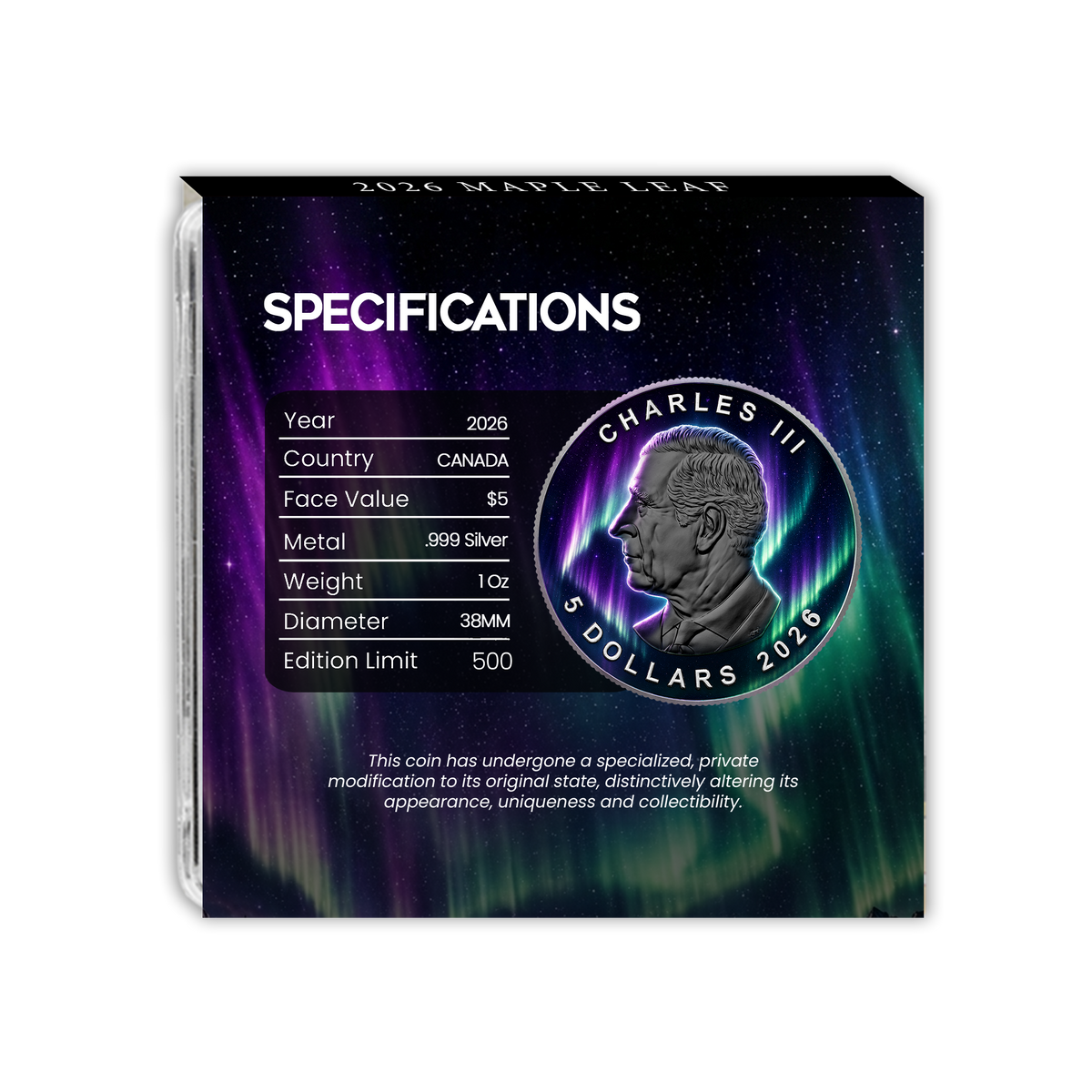 2026 Canada Maple Leaf Aurora Borealis Edition 1 oz Silver Coin