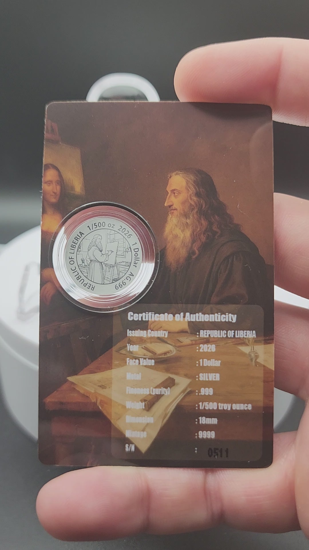 MONA LISA 1/500 Oz Silver Coin in Card 1$ Liberia 2026