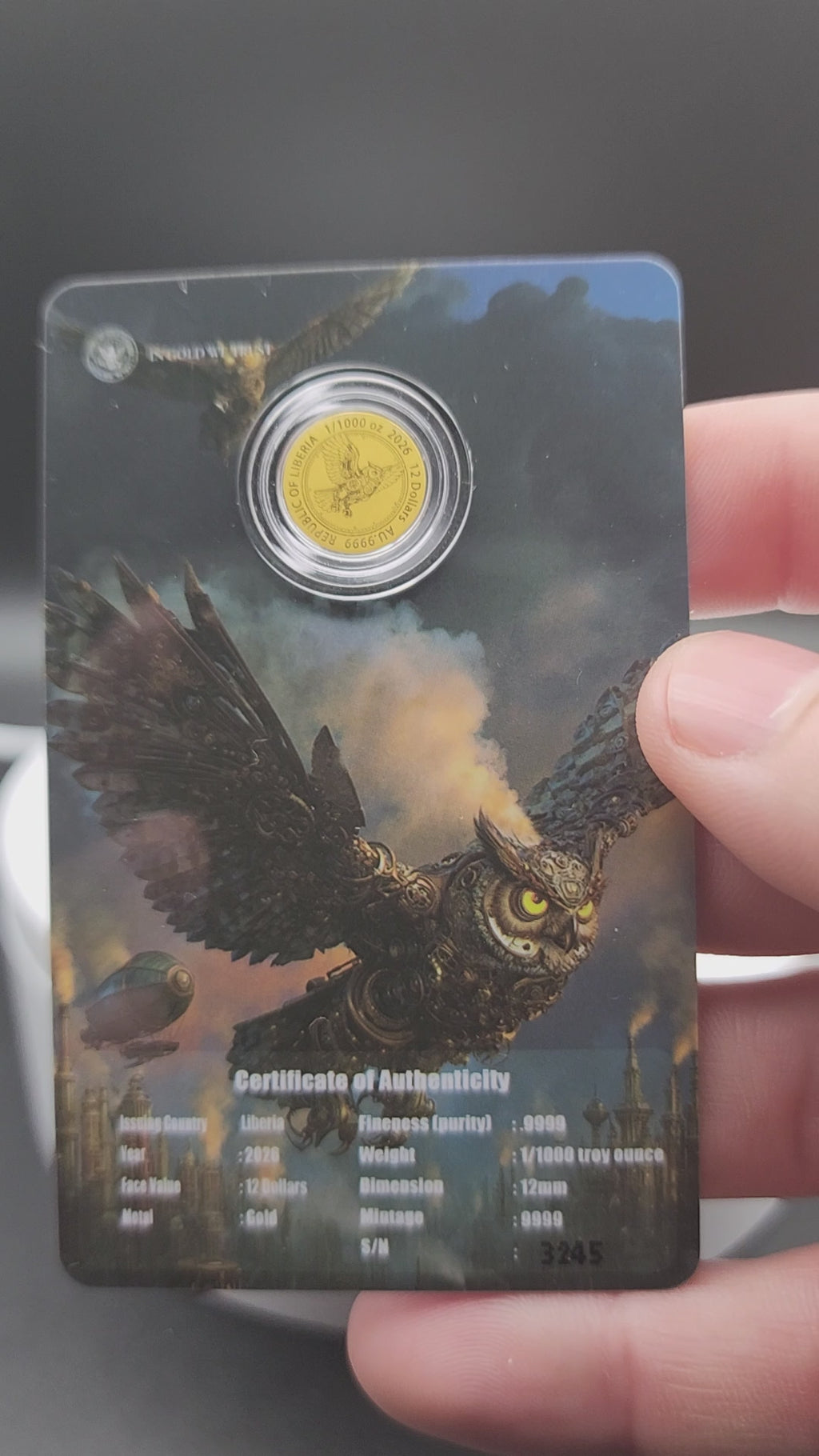 2026 Liberia Steampunk Mech Owl 1/1000 oz .9999 Gold Coin in Card