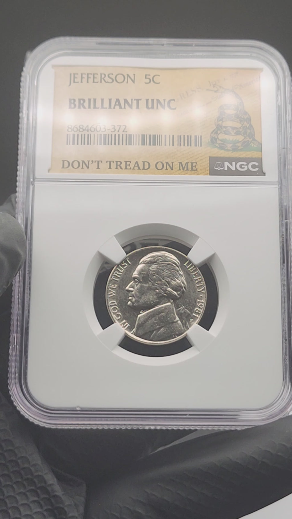 Jefferson Nickel NGC Brilliant Uncirculated "Don't Tread on Me"