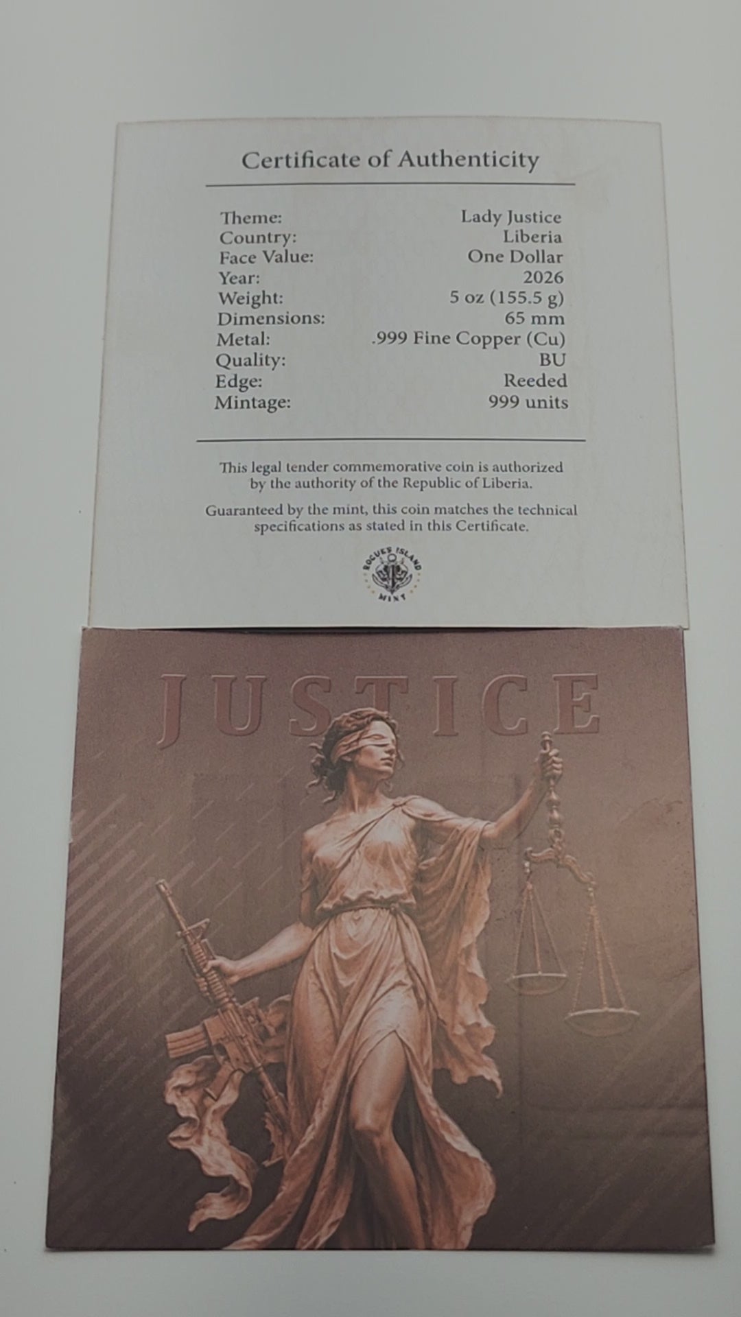 2026 Liberia $1 Lady Justice Second Amendment Reverse Proof 5 oz Copper Coin