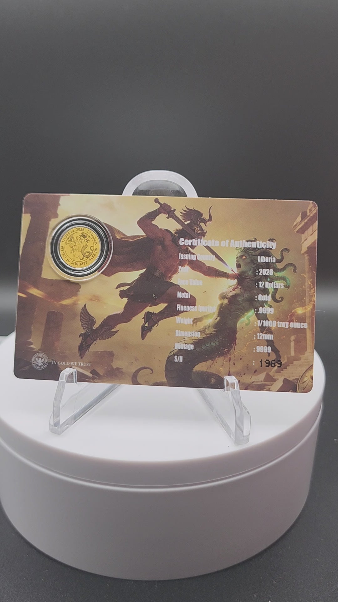 2026 Liberia Perseus 1/1000 oz .9999 Gold Coin in Card