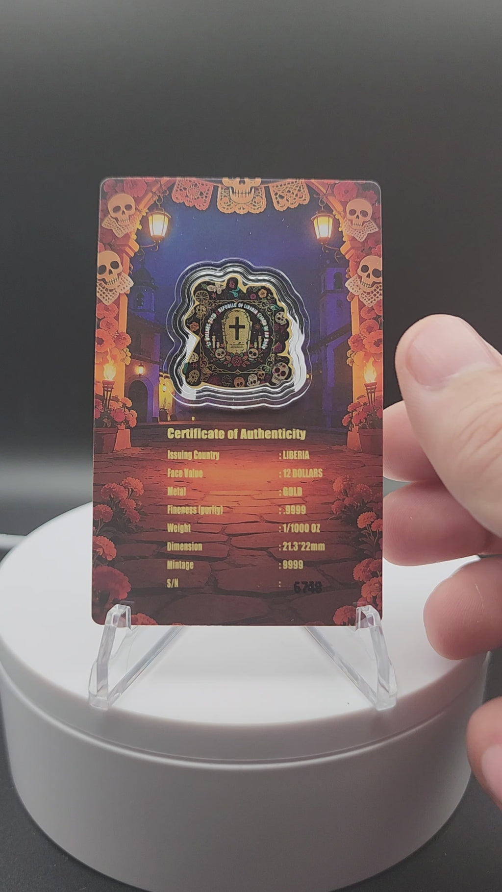 2026 Liberia Dia De los Muertos Bailando Shaped 1/1000 oz .9999 Gold Coin in Card