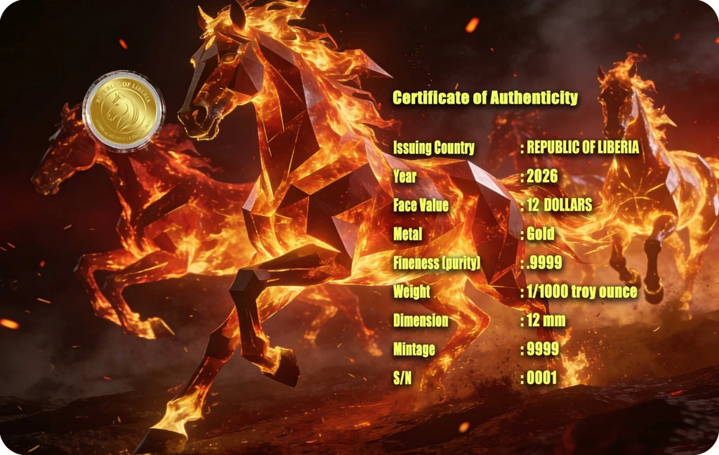 1/1000 oz Gold Year of the Fire Horse 2026 Liberia .9999 Gold Coin in Card