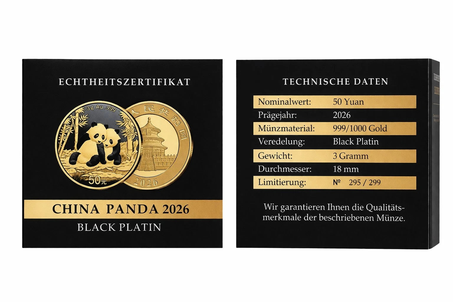 3g Gold Coin 2026 Chinese Panda Black Platinum Finish 295/299 Rare w/ Box & COA
